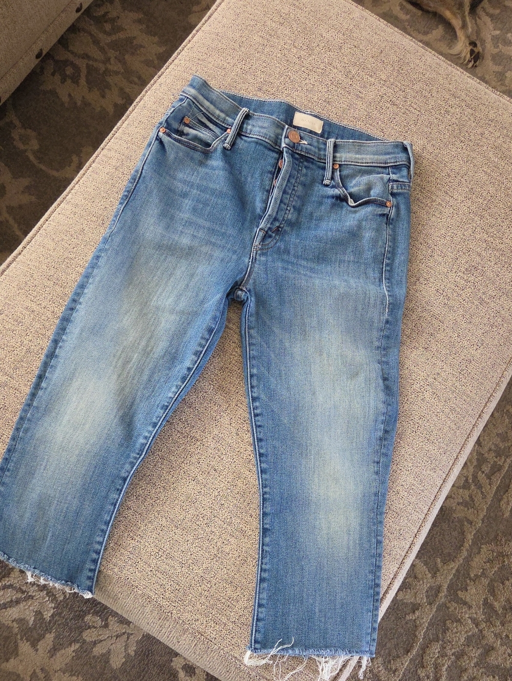 MOTHER Light Blue Cropped Fray-Hem Jeans